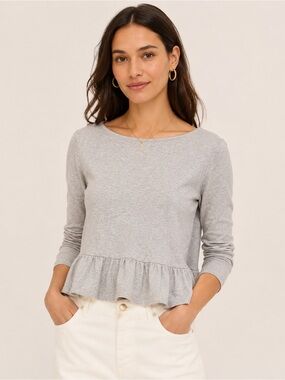 NWT J. Crew Light Gray Boatneck Ruffle-Hem Long Sleeve Top
